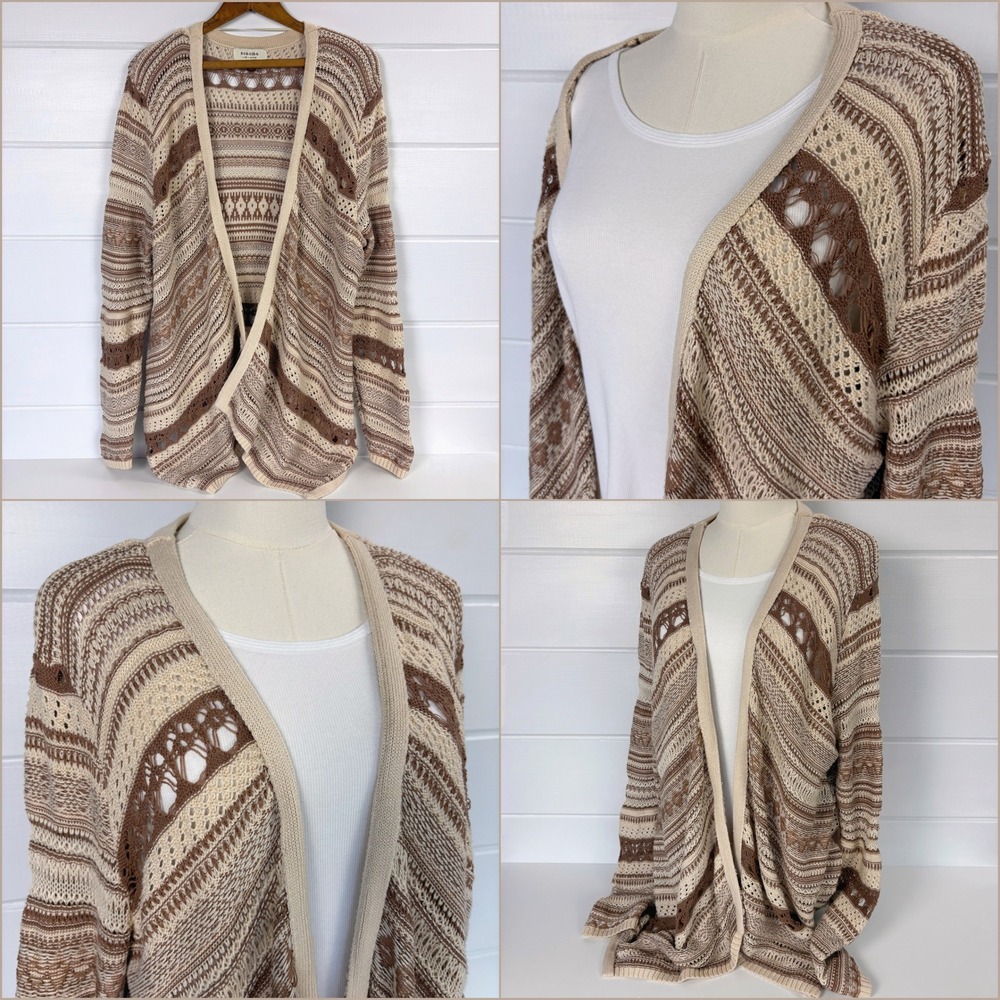 Sonoma Loose Knit Long Cardigan Open Front Sweater‎ L Brown Crochet Duster Boho
